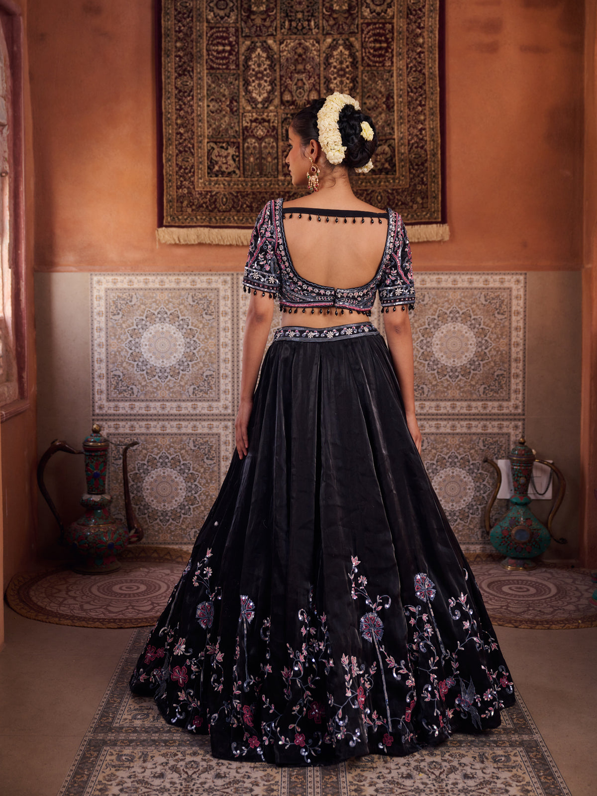 Black Glass Tissue Embroidered Blouse, Lehenga And Dupatta