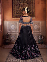 Black Glass Tissue Embroidered Blouse, Lehenga And Dupatta