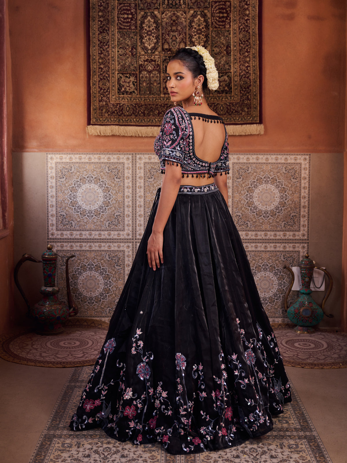 Black Glass Tissue Embroidered Blouse, Lehenga And Dupatta