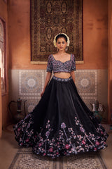 Black Glass Tissue Embroidered Blouse, Lehenga And Dupatta