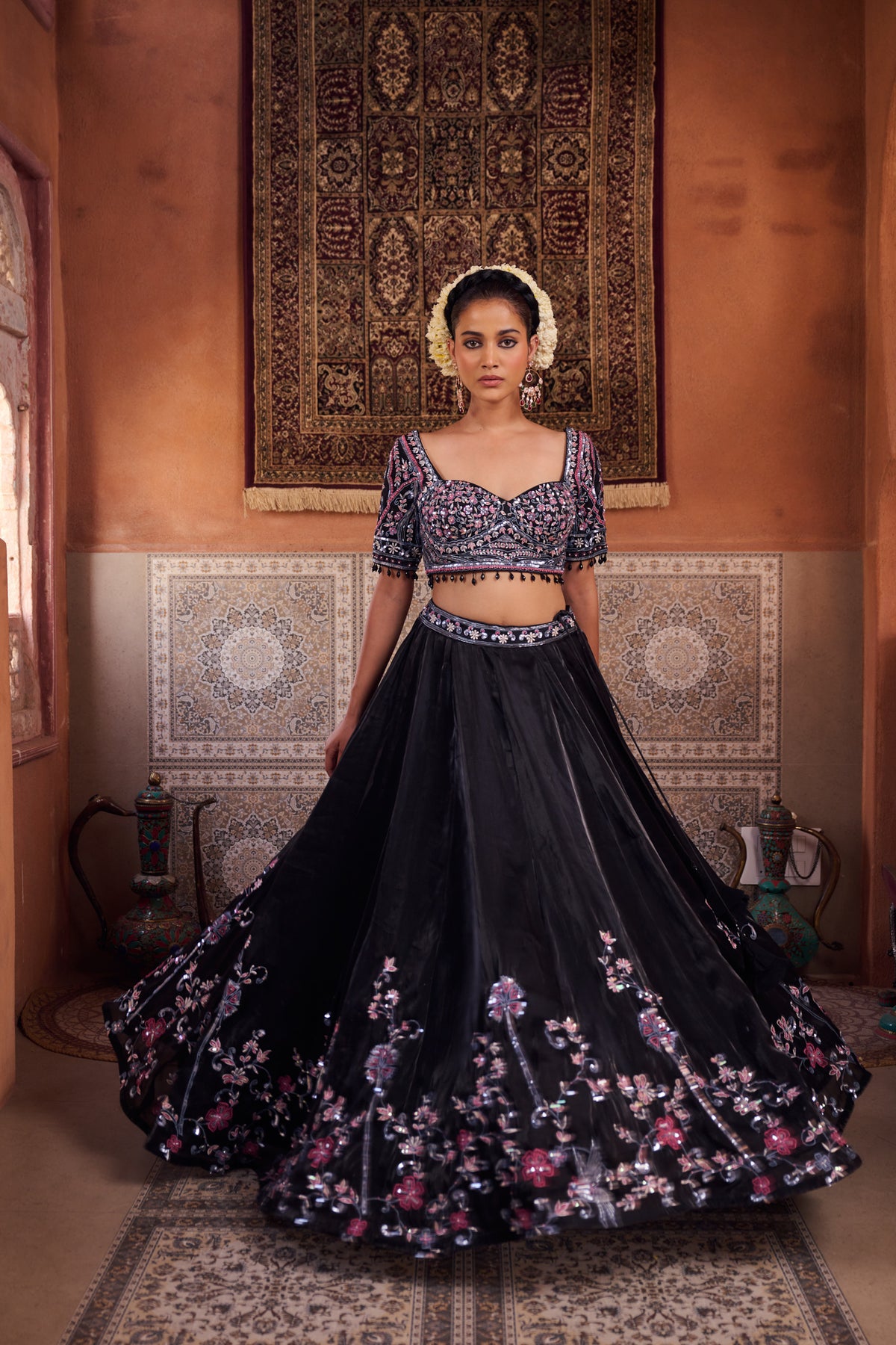 Black Glass Tissue Embroidered Blouse, Lehenga And Dupatta