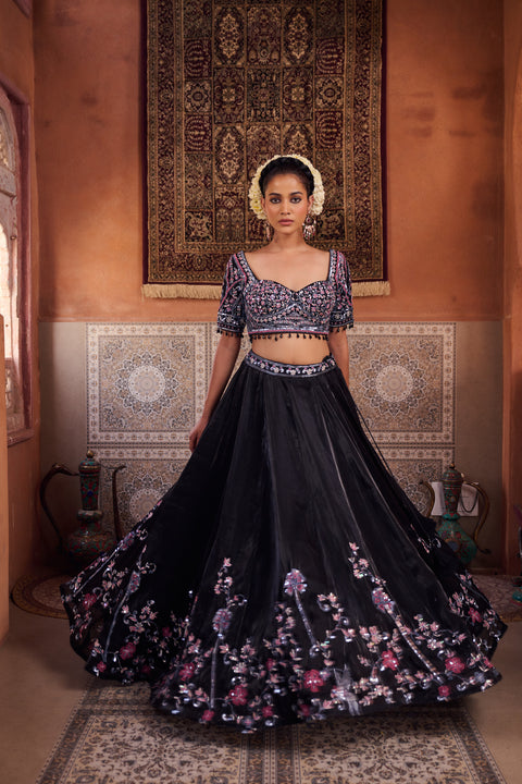 Black Glass Tissue Embroidered Blouse, Lehenga And Dupatta