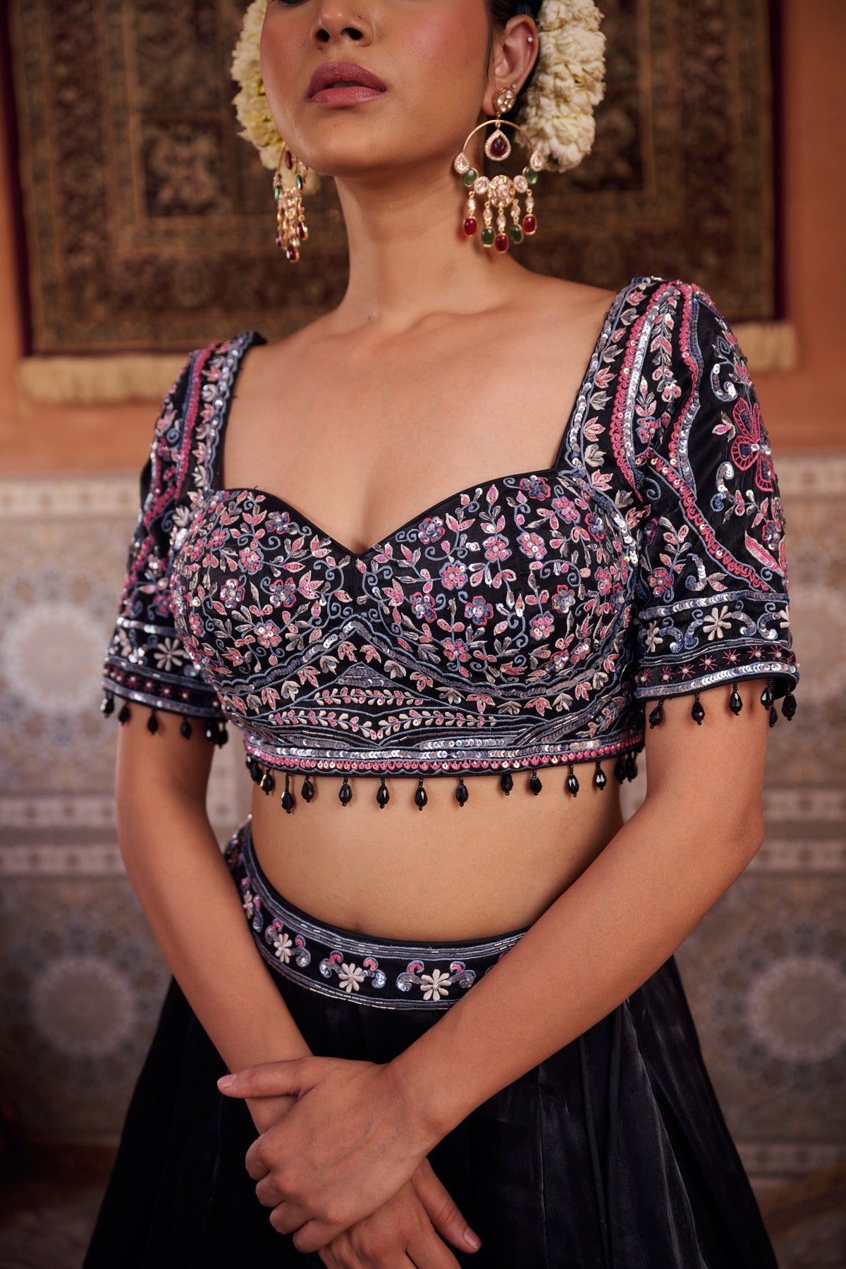 Black Glass Tissue Embroidered Blouse, Lehenga And Dupatta