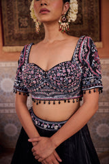 Black Glass Tissue Embroidered Blouse, Lehenga And Dupatta