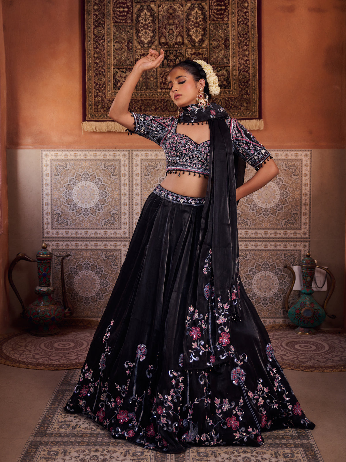Black Glass Tissue Embroidered Blouse, Lehenga And Dupatta