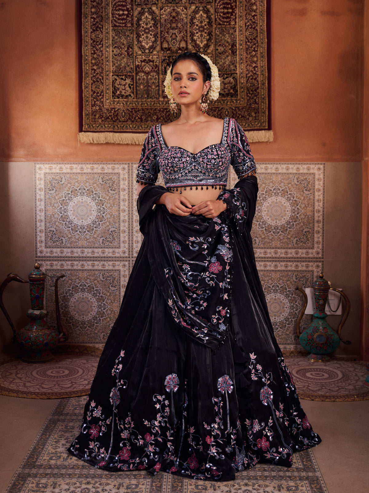 Black Glass Tissue Embroidered Blouse, Lehenga And Dupatta