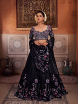Black Glass Tissue Embroidered Blouse, Lehenga And Dupatta