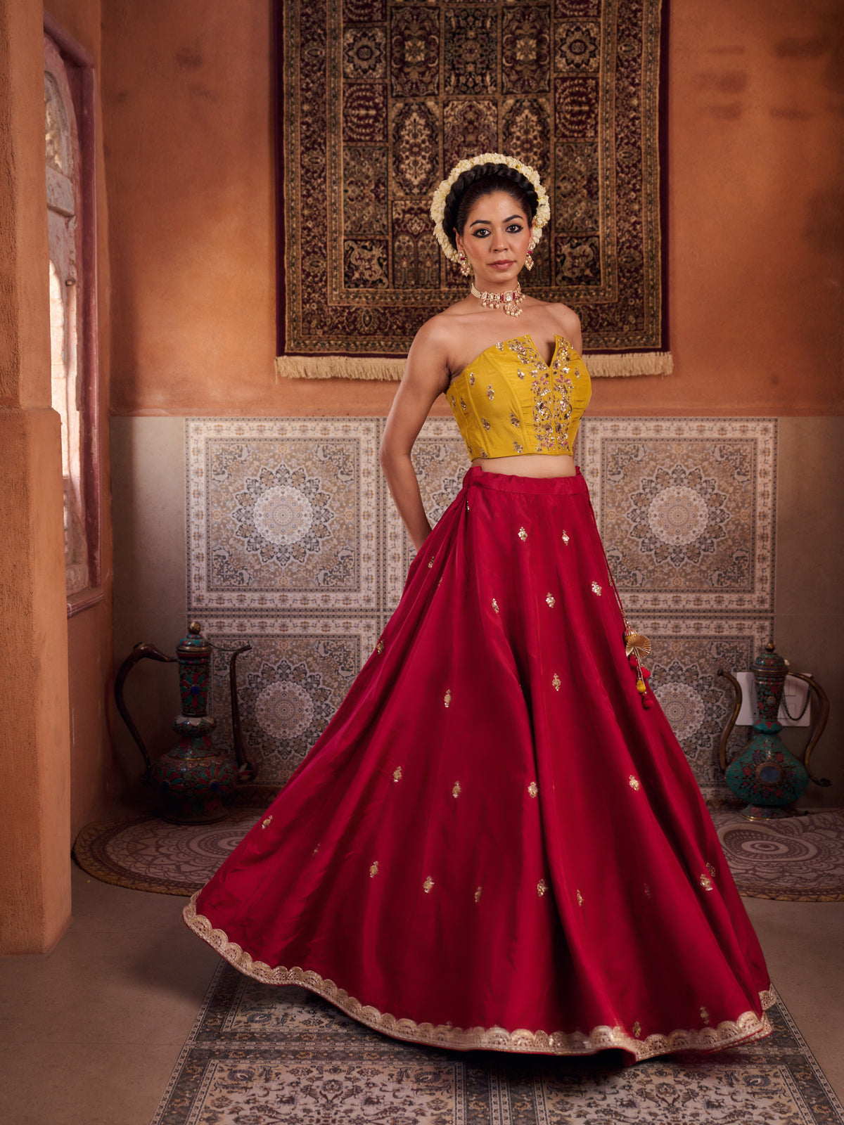 Mustard And Raspberry Wine Upada Silk Corset, Lehenga And Organza Dupatta