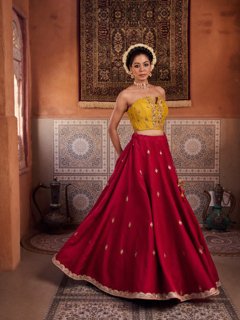Mustard And Raspberry Wine Upada Silk Corset, Lehenga And Organza Dupatta