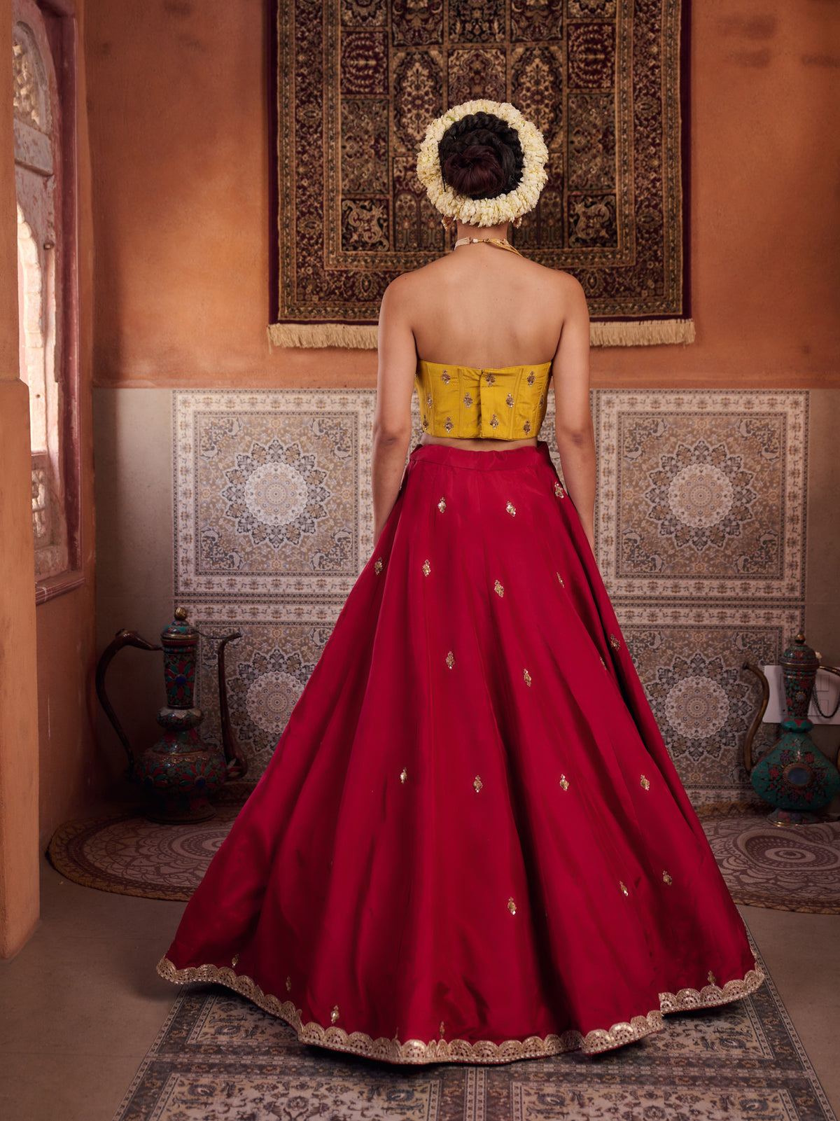 Mustard And Raspberry Wine Upada Silk Corset, Lehenga And Organza Dupatta