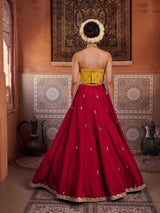 Mustard And Raspberry Wine Upada Silk Corset, Lehenga And Organza Dupatta