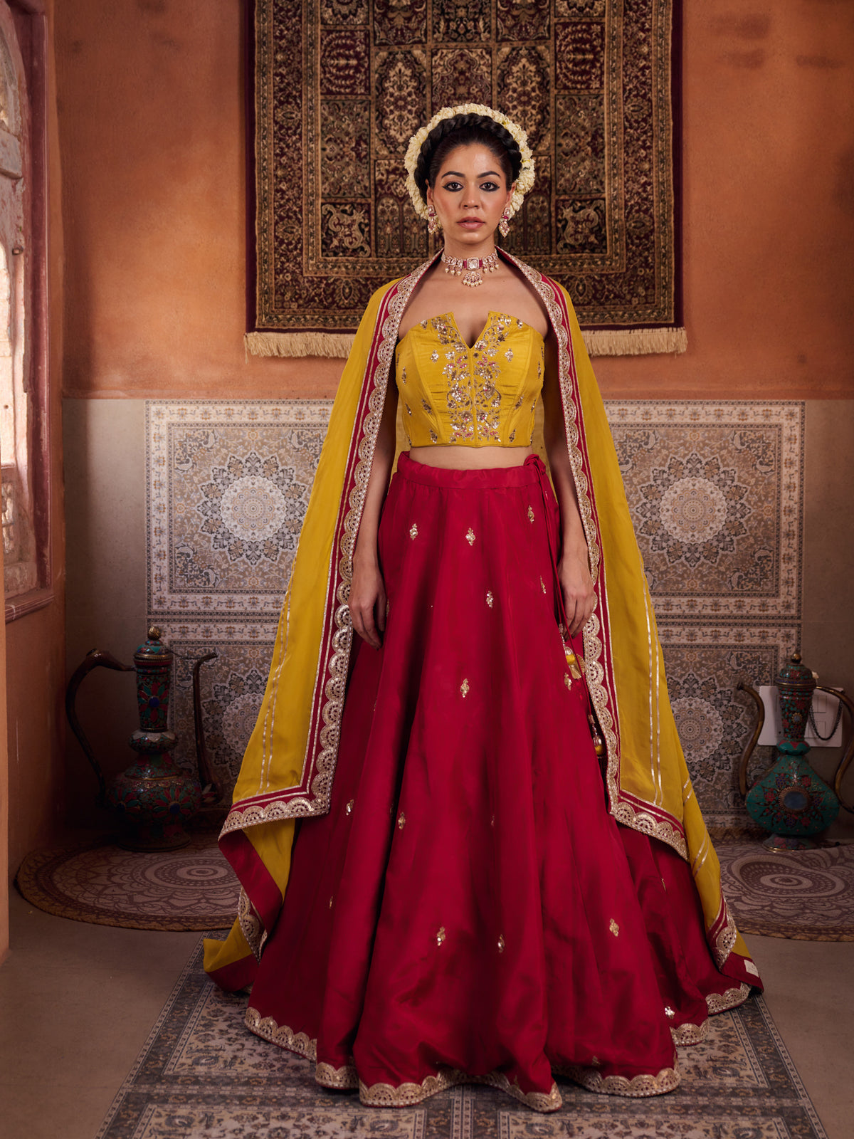 Mustard And Raspberry Wine Upada Silk Corset, Lehenga And Organza Dupatta
