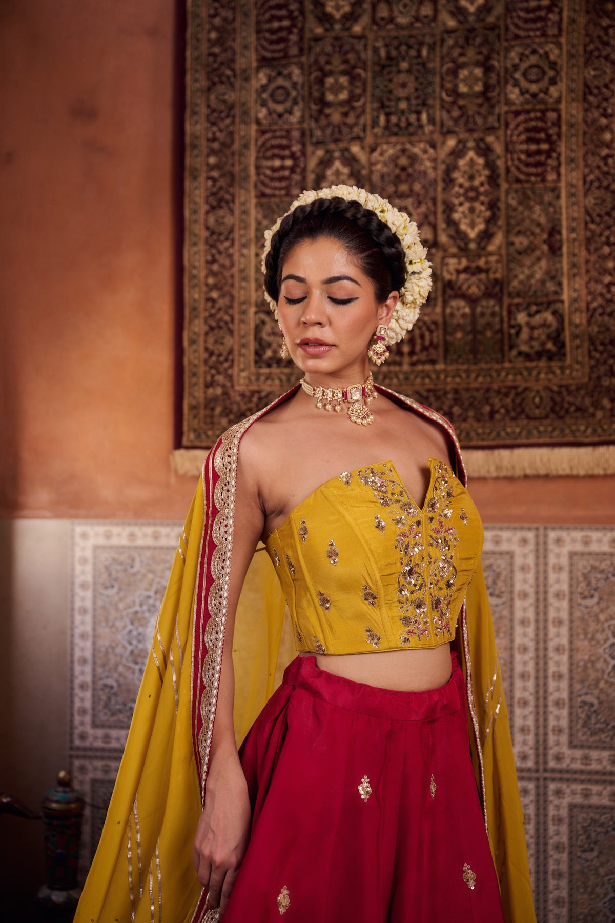 Mustard And Raspberry Wine Upada Silk Corset, Lehenga And Organza Dupatta