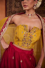 Mustard And Raspberry Wine Upada Silk Corset, Lehenga And Organza Dupatta