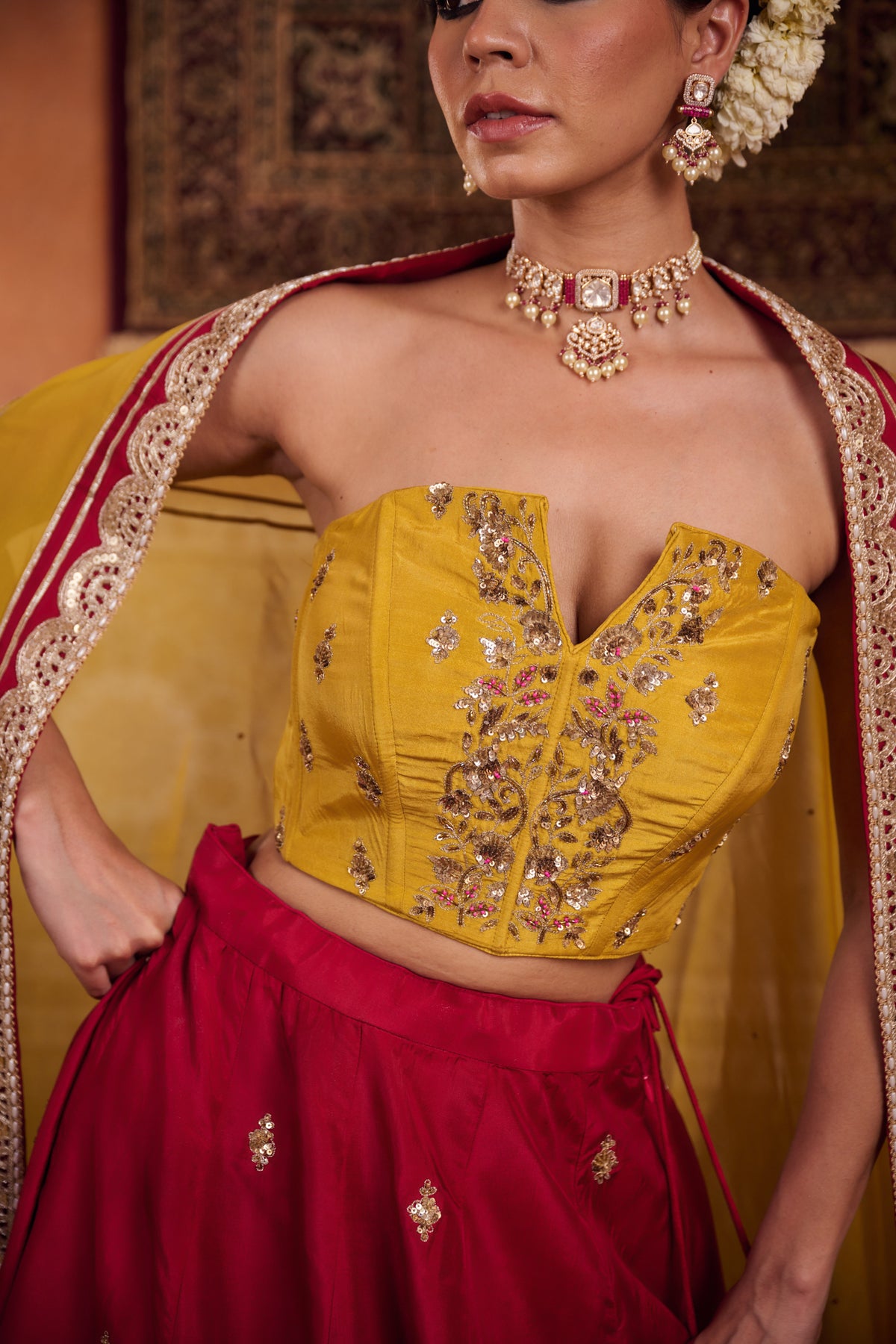 Mustard And Raspberry Wine Upada Silk Corset, Lehenga And Organza Dupatta