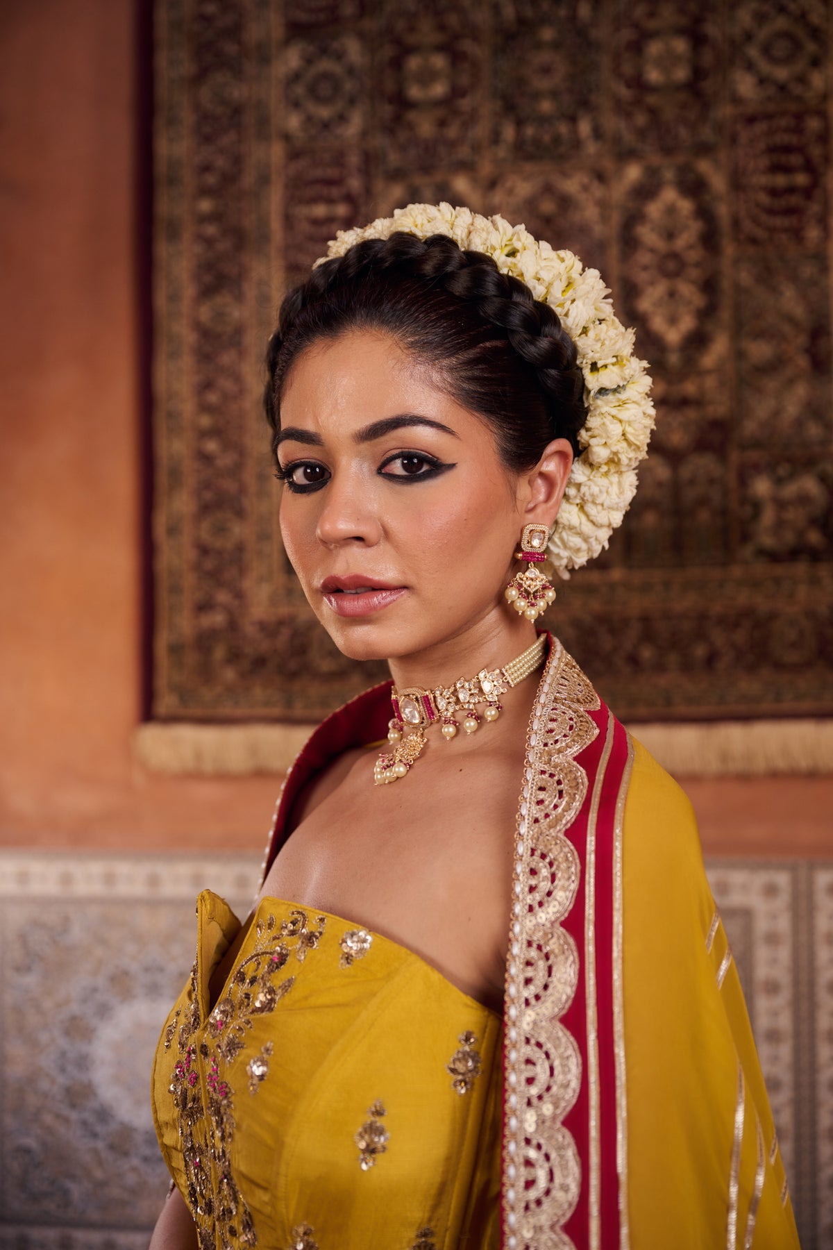 Mustard And Raspberry Wine Upada Silk Corset, Lehenga And Organza Dupatta