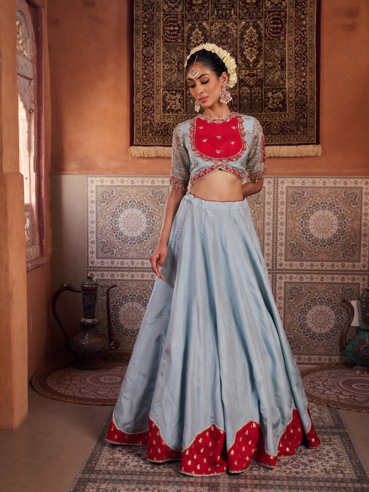 Powder Blue And Fuchsia Silk Blouse, Lehenga And Organza Dupatta