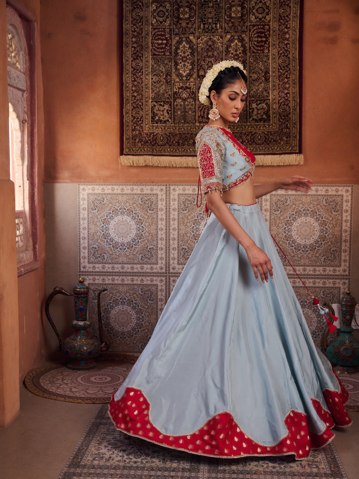Powder Blue And Fuchsia Silk Blouse, Lehenga And Organza Dupatta