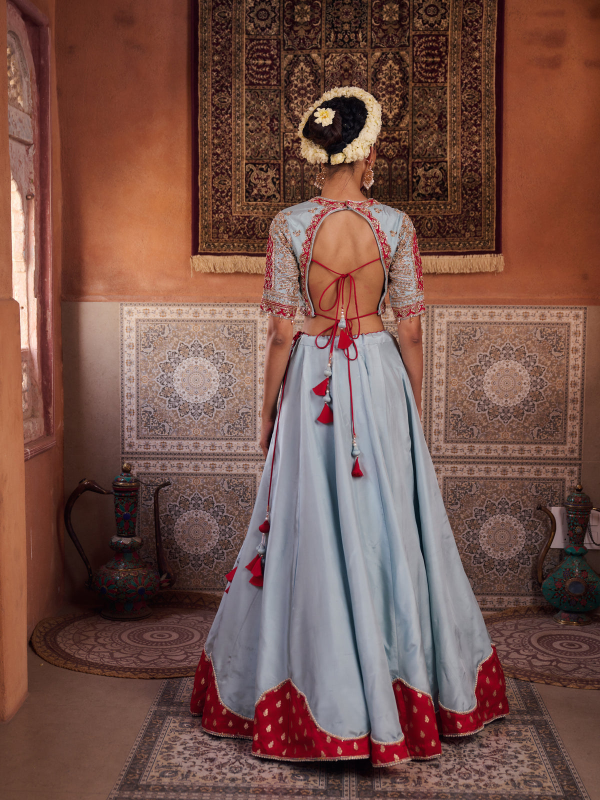 Powder Blue And Fuchsia Silk Blouse, Lehenga And Organza Dupatta