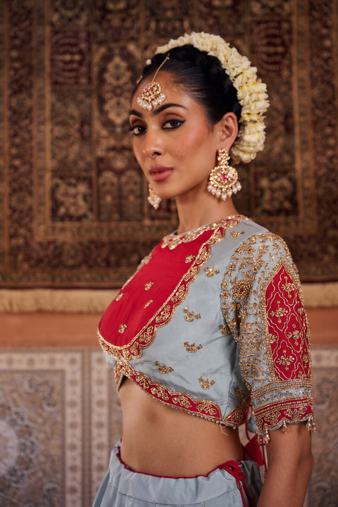 Powder Blue And Fuchsia Silk Blouse, Lehenga And Organza Dupatta