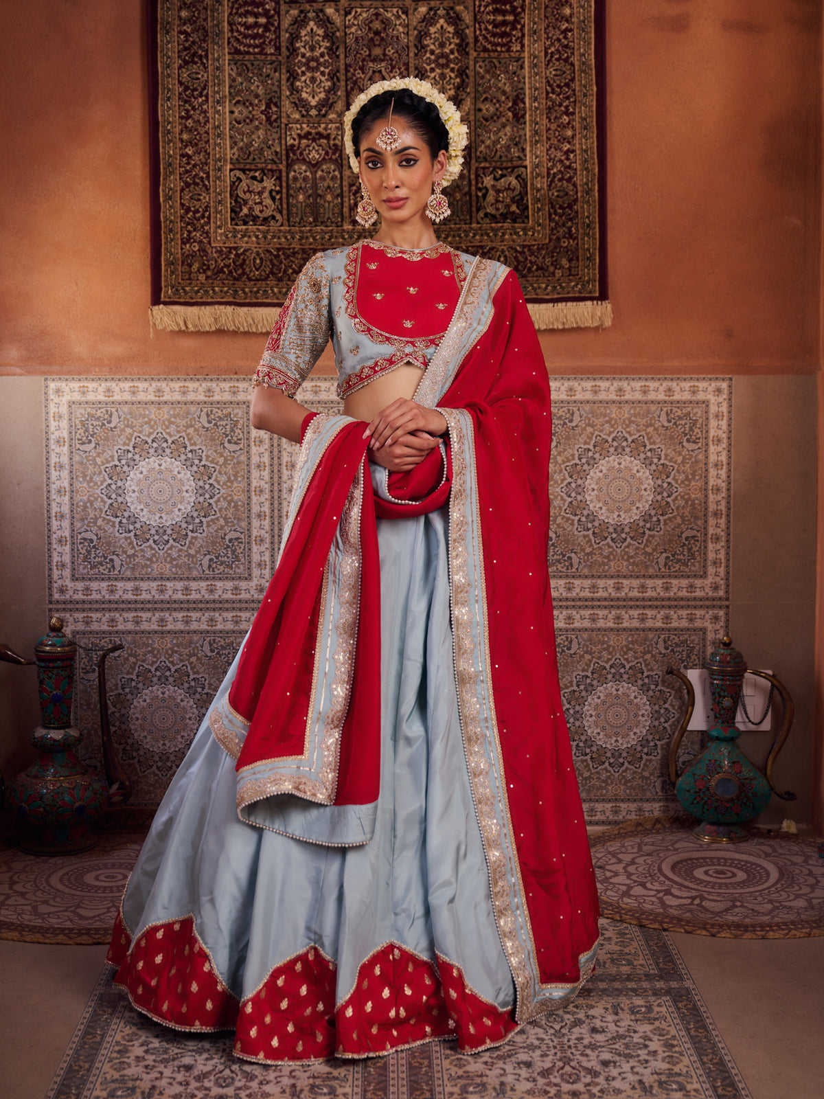 Powder Blue And Fuchsia Silk Blouse, Lehenga And Organza Dupatta