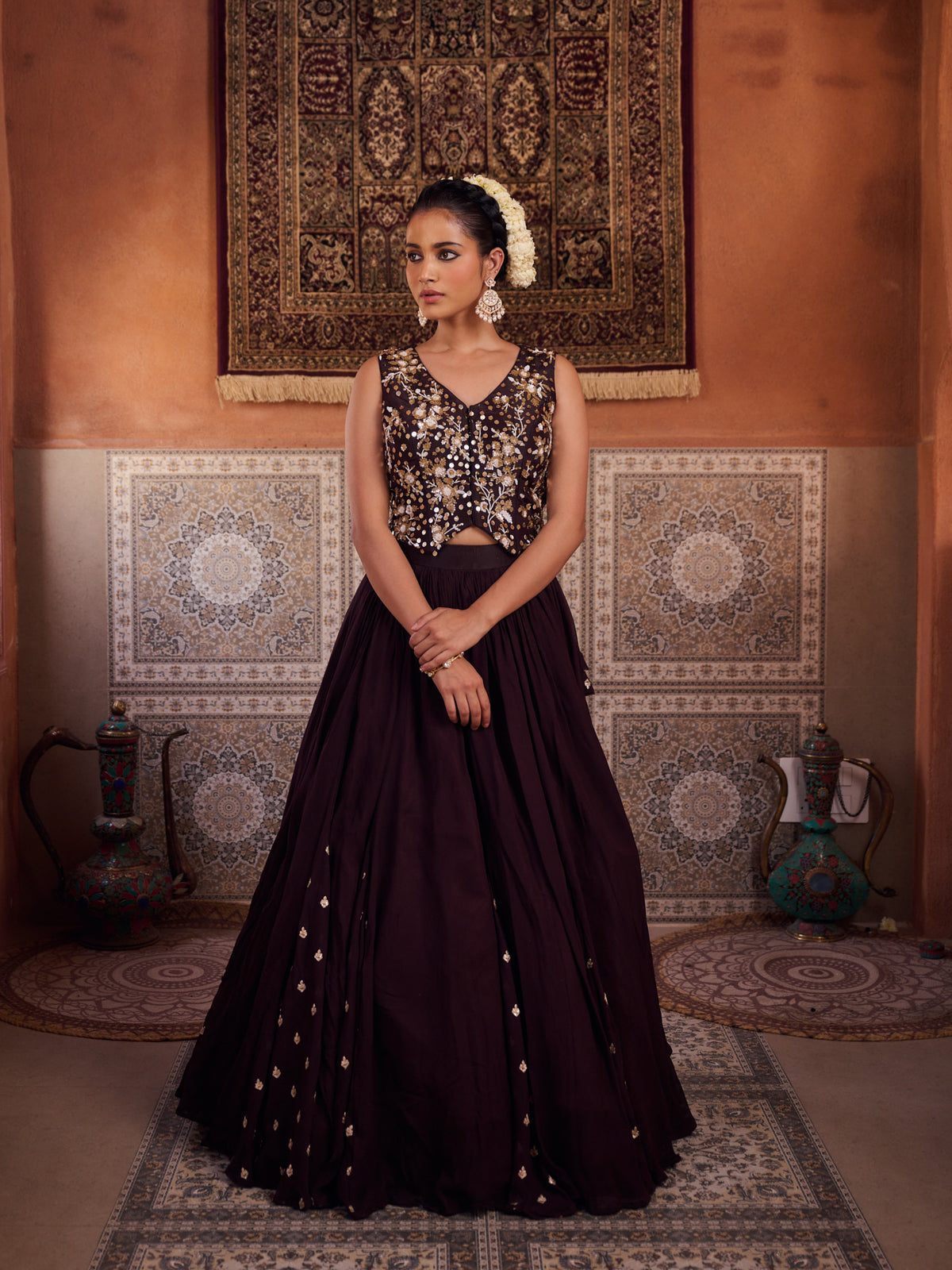 Brown Embroidered Silk Waist Coat, Lehenga And Dupatta
