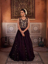 Brown Embroidered Silk Waist Coat, Lehenga And Dupatta