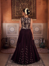 Brown Embroidered Silk Waist Coat, Lehenga And Dupatta