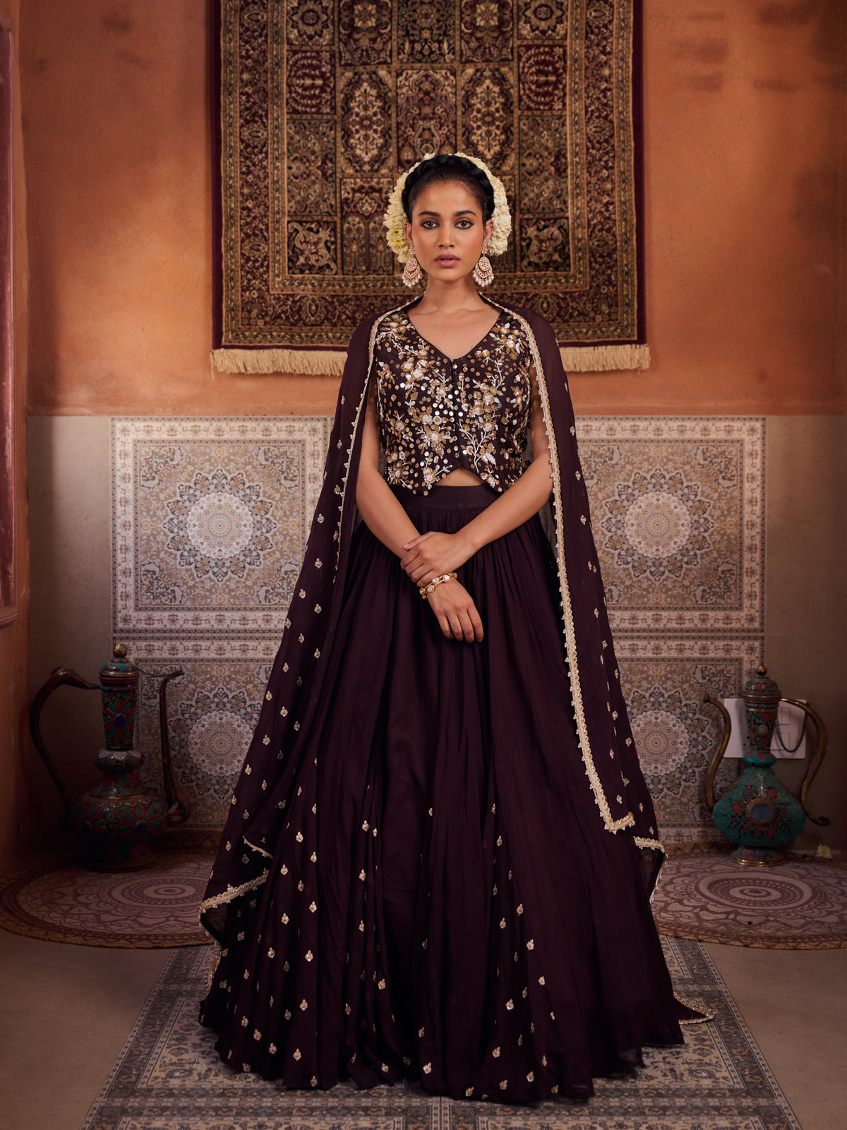 Brown Embroidered Silk Waist Coat, Lehenga And Dupatta