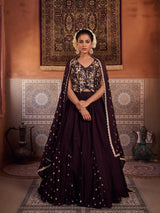 Brown Embroidered Silk Waist Coat, Lehenga And Dupatta