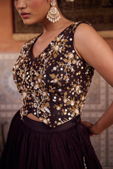 Brown Embroidered Silk Waist Coat, Lehenga And Dupatta