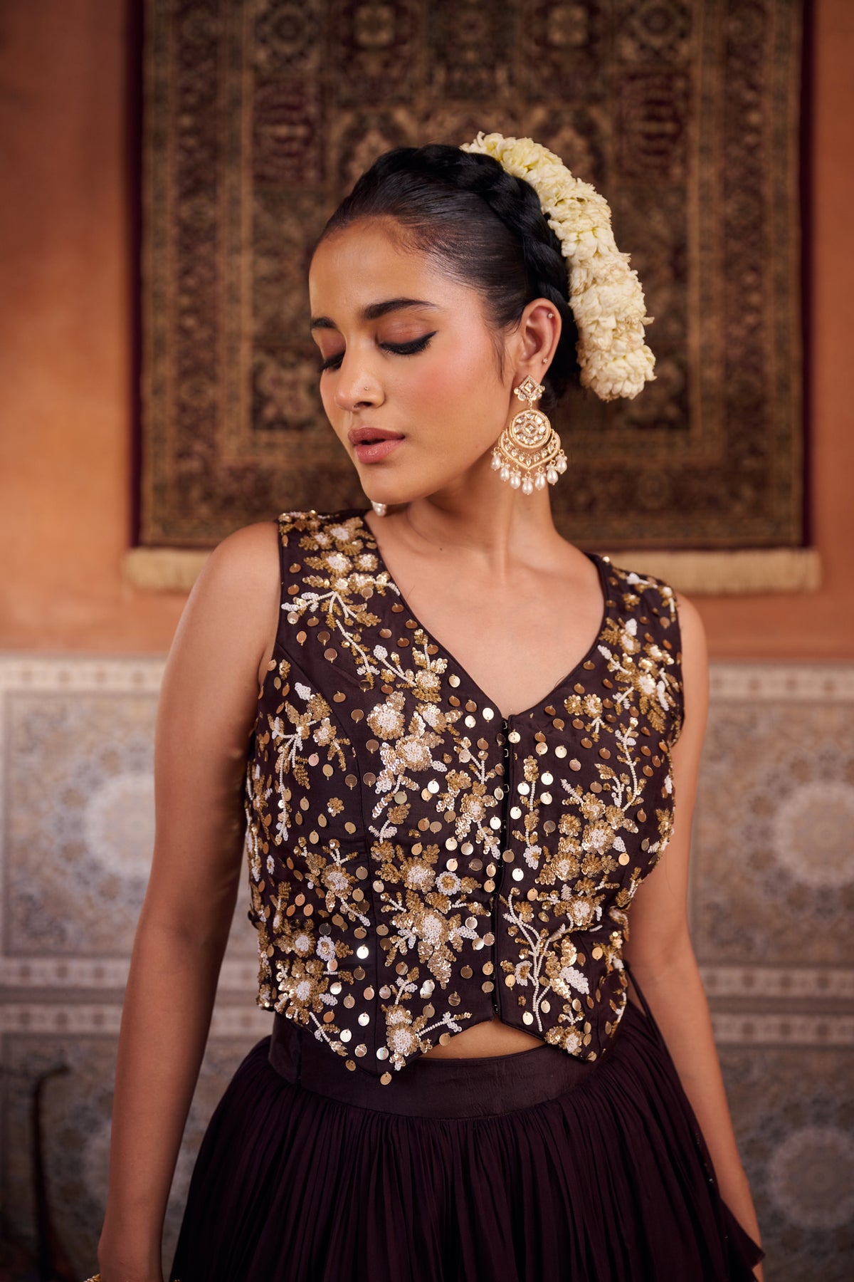 Brown Embroidered Silk Waist Coat, Lehenga And Dupatta