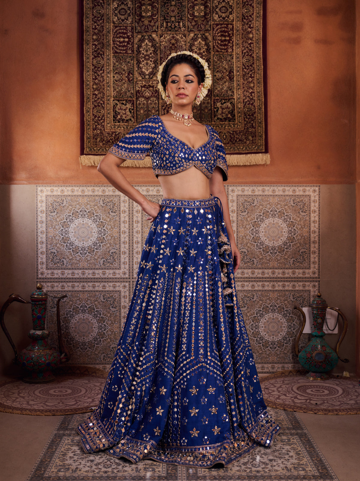 Royal Blue Dupion Silk Blouse, Lehenga And Net Dupatta