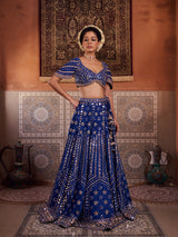 Royal Blue Dupion Silk Blouse, Lehenga And Net Dupatta