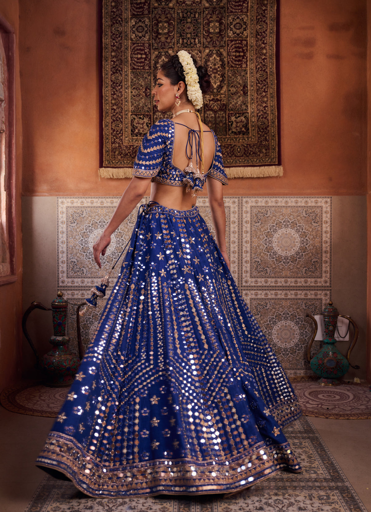 Royal Blue Dupion Silk Blouse, Lehenga And Net Dupatta