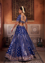 Royal Blue Dupion Silk Blouse, Lehenga And Net Dupatta