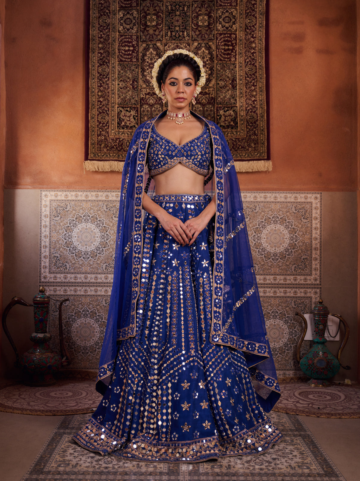 Royal Blue Dupion Silk Blouse, Lehenga And Net Dupatta
