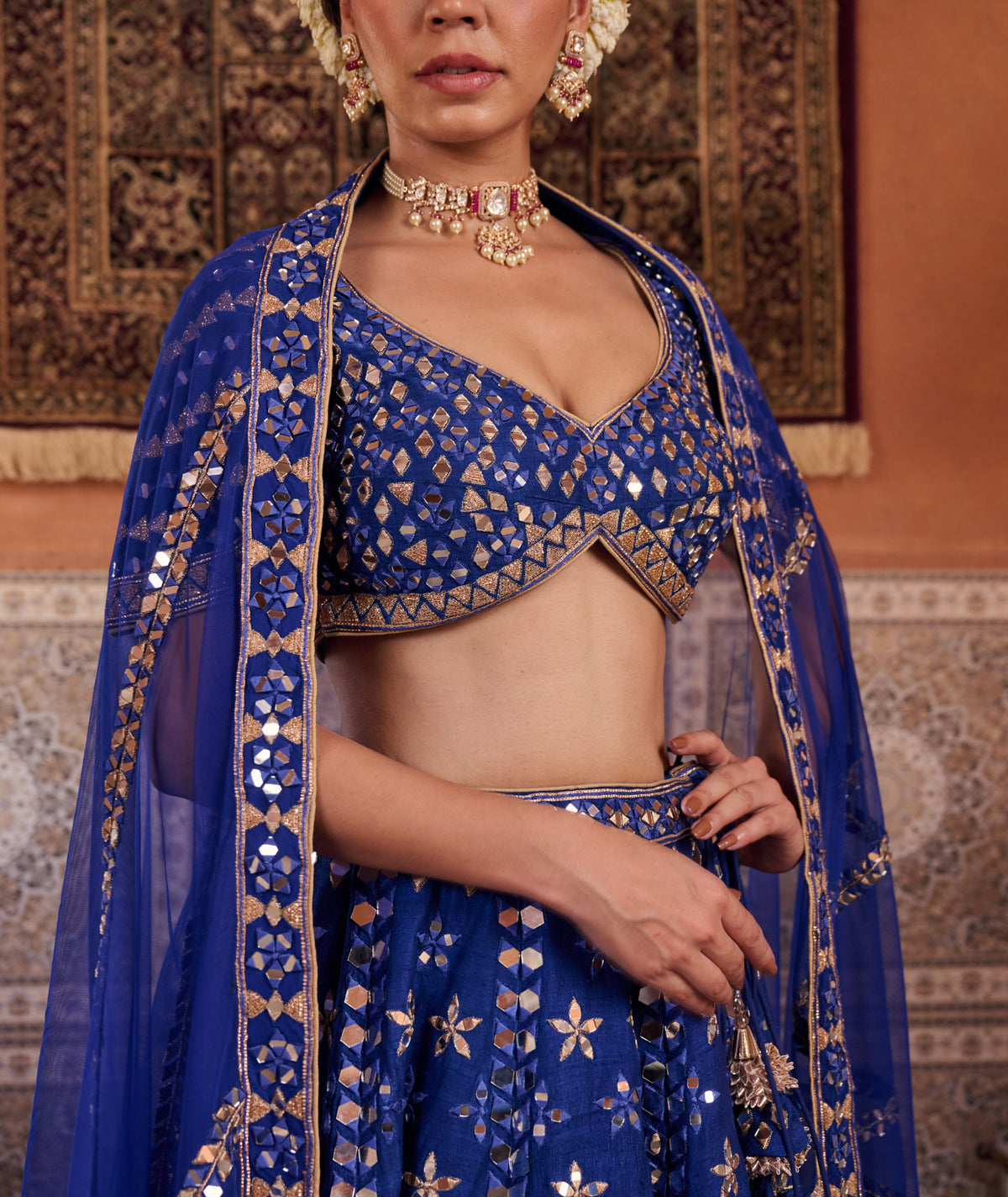 Royal Blue Dupion Silk Blouse, Lehenga And Net Dupatta