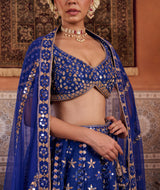 Royal Blue Dupion Silk Blouse, Lehenga And Net Dupatta