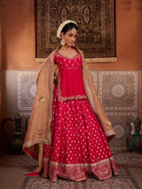 Fuchsia Embroidered Kurti With Banarsi Lehenga And Dupatta