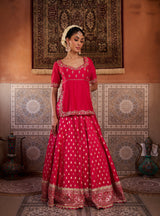 Fuchsia Embroidered Kurti With Banarsi Lehenga And Dupatta