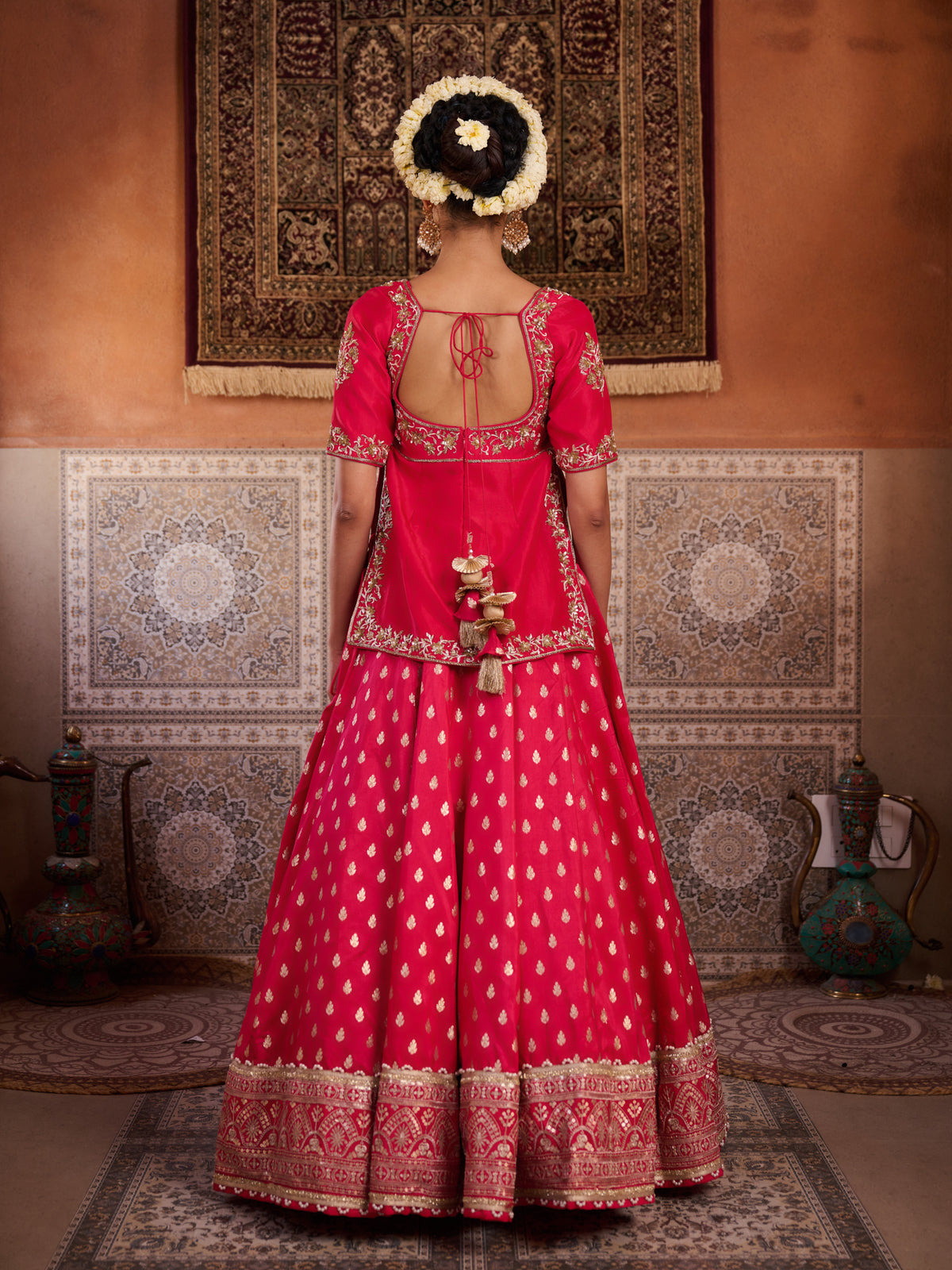 Fuchsia Embroidered Kurti With Banarsi Lehenga And Dupatta