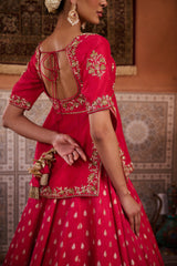 Fuchsia Embroidered Kurti With Banarsi Lehenga And Dupatta