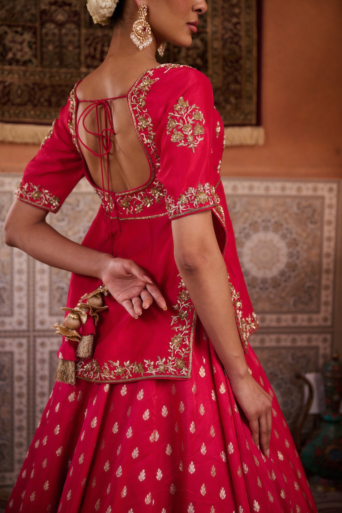 Fuchsia Embroidered Kurti With Banarsi Lehenga And Dupatta
