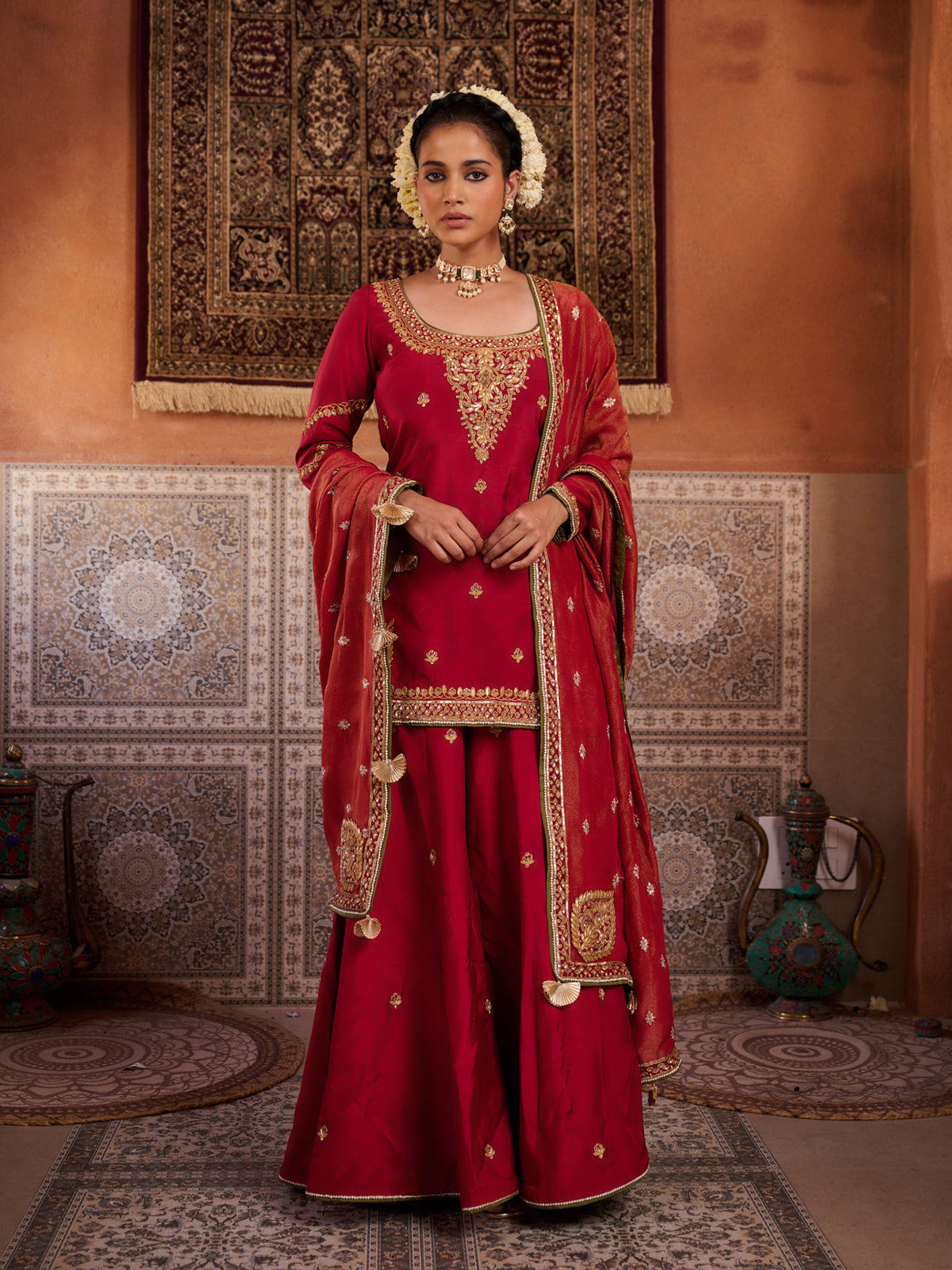 Red Upada Silk Kurti, Sharara And Shimmer Tissue Dupatta