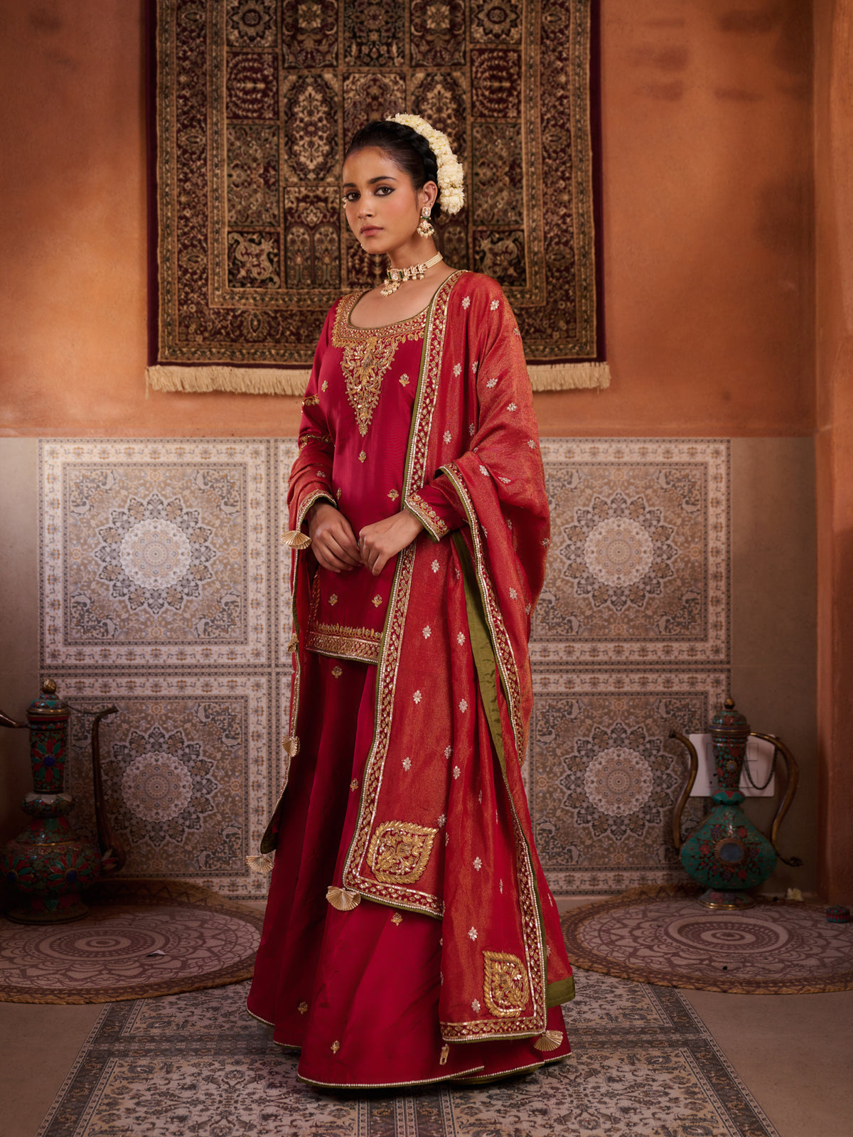 Red Upada Silk Kurti, Sharara And Shimmer Tissue Dupatta