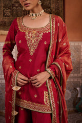 Red Upada Silk Kurti, Sharara And Shimmer Tissue Dupatta