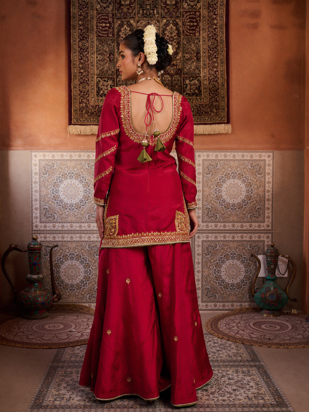 Red Upada Silk Kurti, Sharara And Shimmer Tissue Dupatta