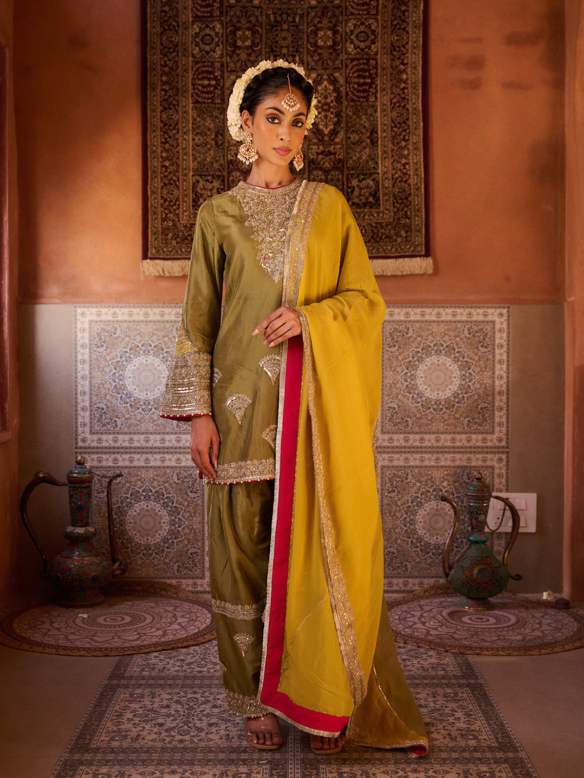 Sage Green And Mustard Upada Silk Kurta, Salwar And Organza Dupatta