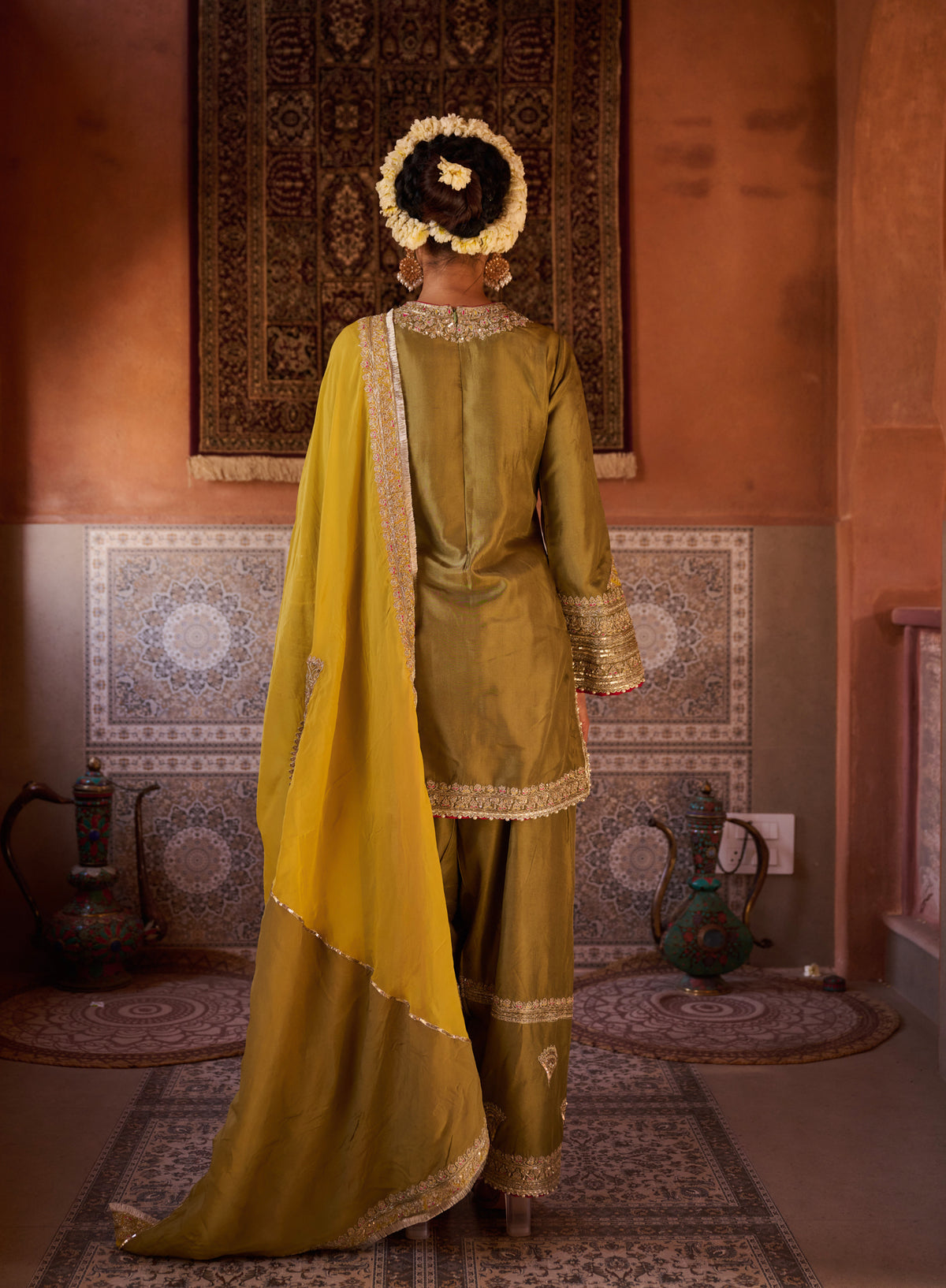 Sage Green And Mustard Upada Silk Kurta, Salwar And Organza Dupatta